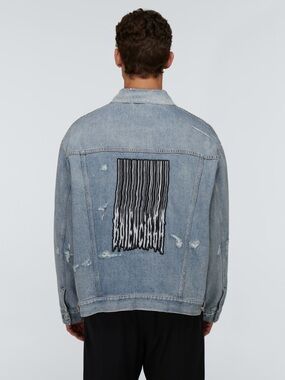 Fall/Winter 2021 Balenciaga Light Blue Barcode Distressed Denim Jacket